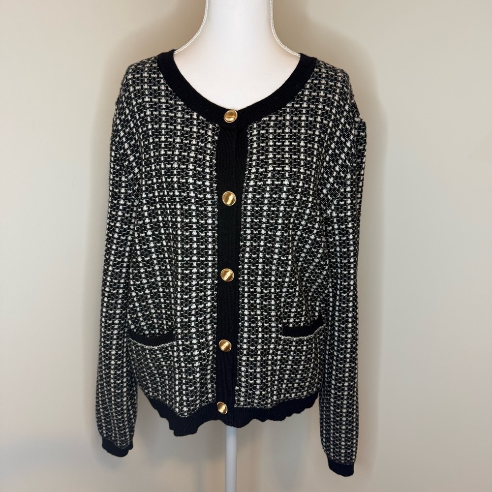 Chic Black and White Cardigan with Gold Accents